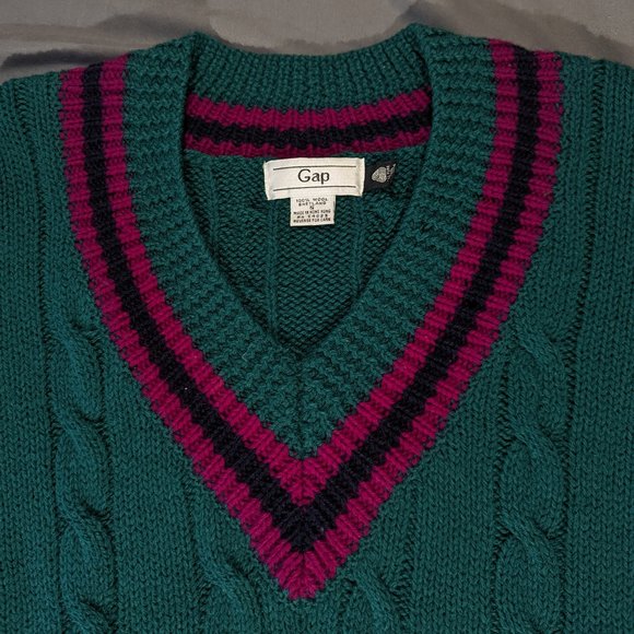 Gap | Vintage Women's Shetland Wool Cable Knit V-Neck Sweater Green Small - Picture 3 of 4